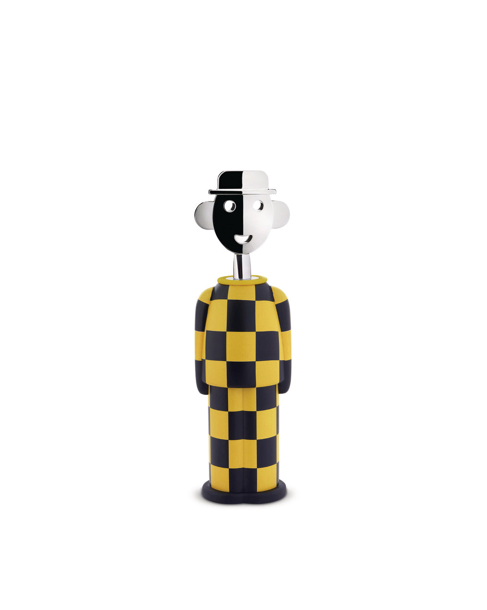 Yellow and black checkered corkscrew by Alessi, with a polished chrome head wearing a hat.