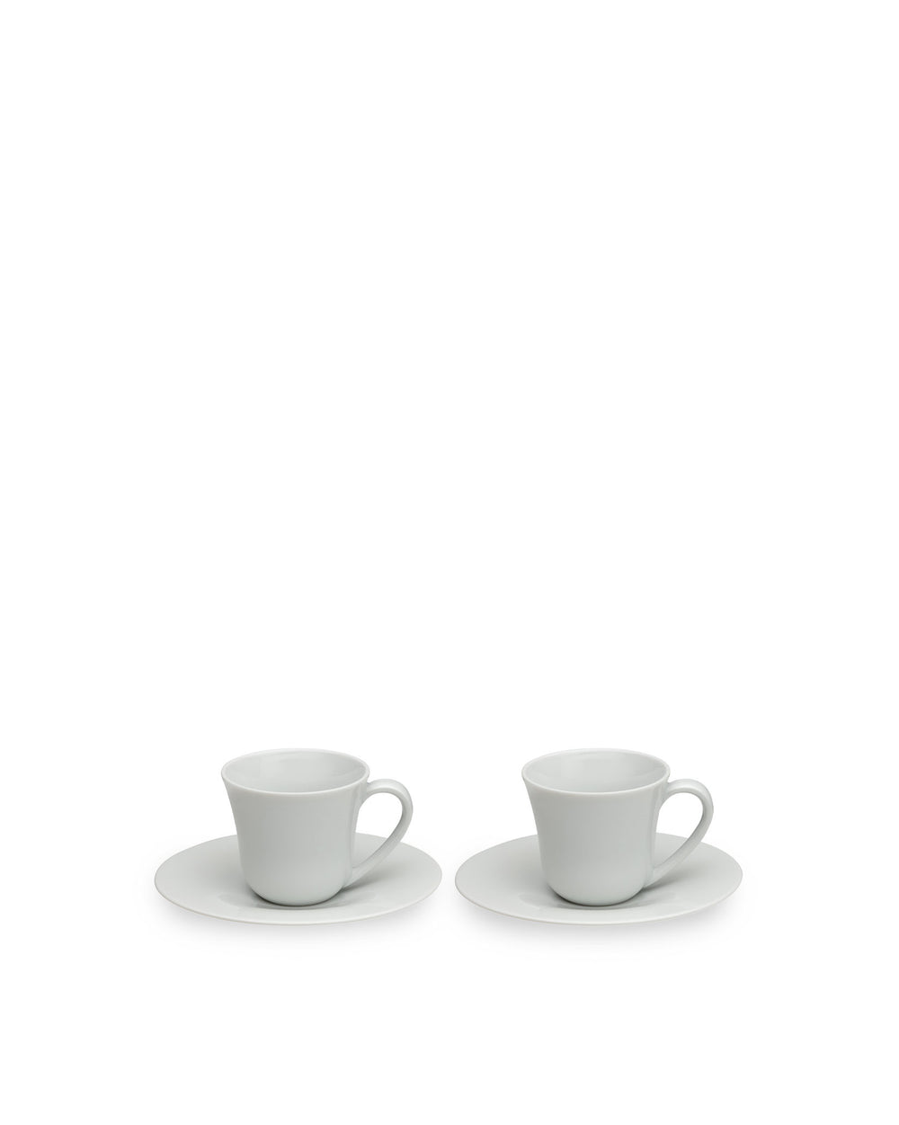 Two light grey ceramic cups by Alessi, each with a matching saucer.
