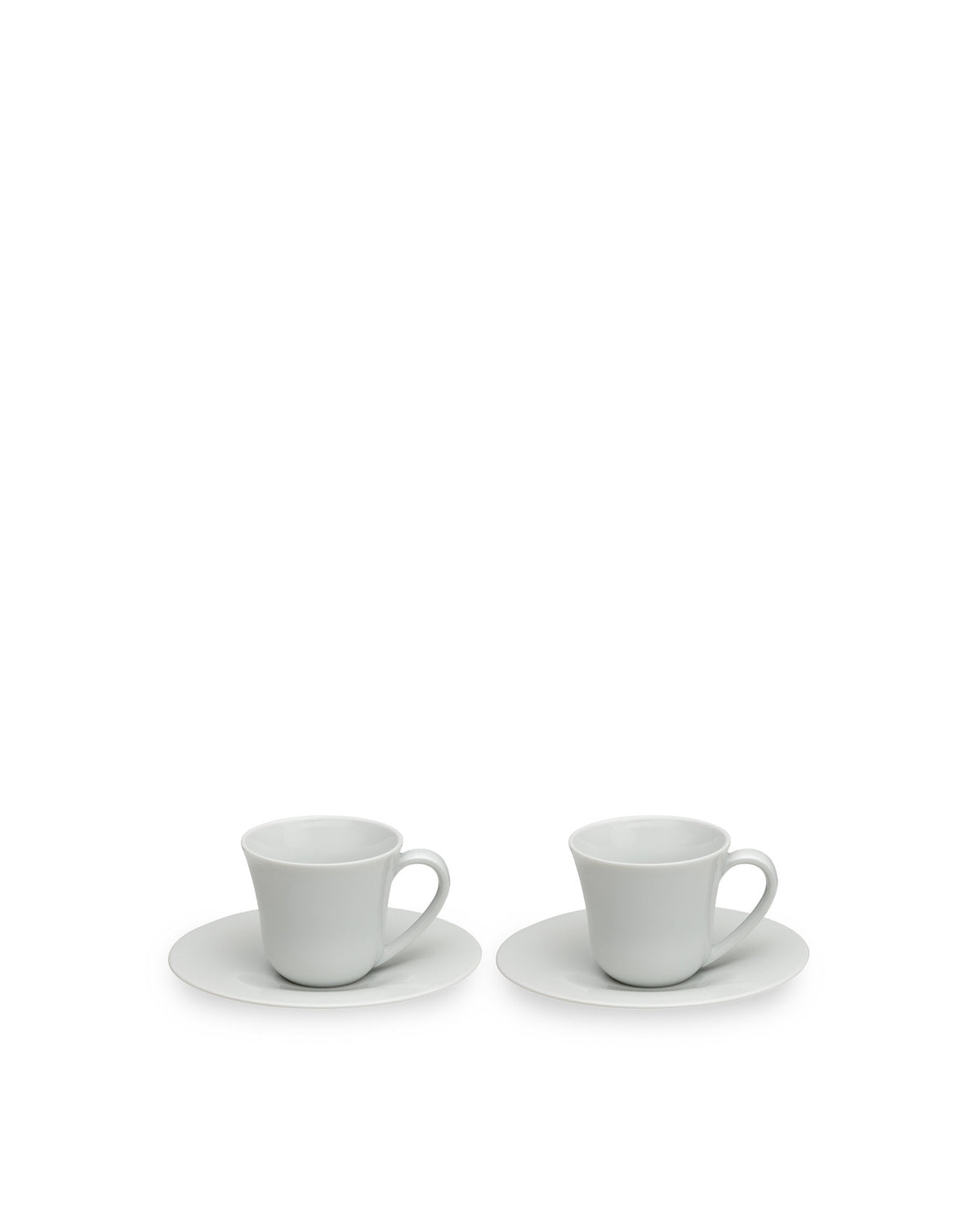 Two light grey ceramic cups by Alessi, each with a matching saucer.