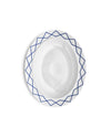 White serving plate by Alessi with a blue geometric pattern around the rim.