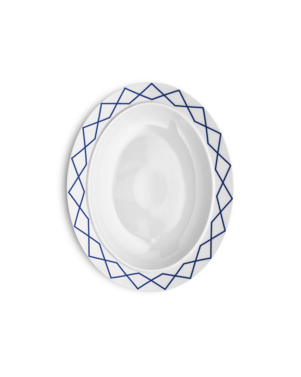 White serving plate by Alessi with a blue geometric pattern around the rim.