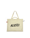 Cream fabric tote bag XL by Alessi, featuring a black "ALESSI" logo, "illustrations by Alessandro Mendini" text, a red side tag, and a black loop.