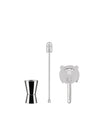 Silver-tone stainless steel mixology accessories set by Alessi, including a double jigger, muddler, and strainer on white.