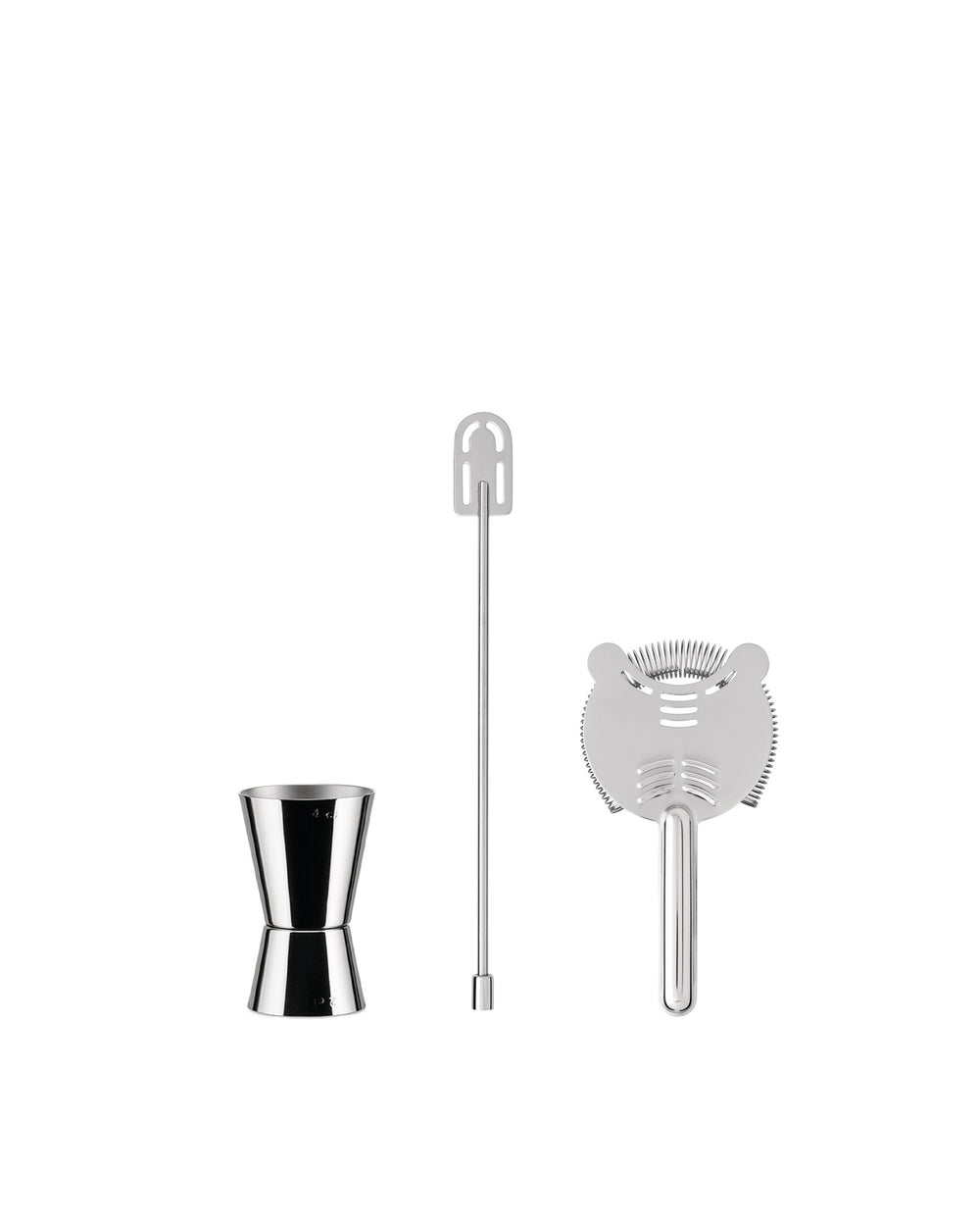 Silver-tone stainless steel mixology accessories set by Alessi, including a double jigger, muddler, and strainer on white.