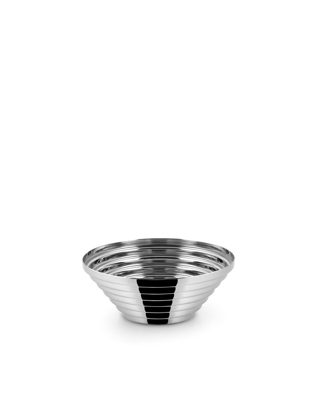 Silver stainless steel ribbed bowl by Alessi with a polished finish.