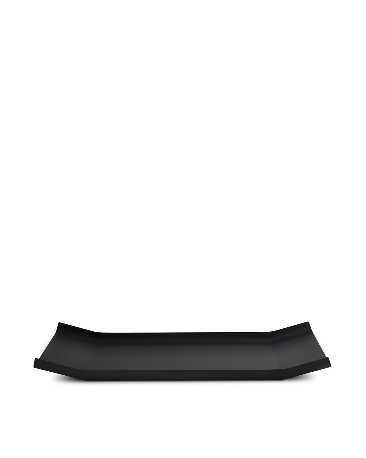 Black rectangular tray by Alessi with raised, curved short ends on a white background.