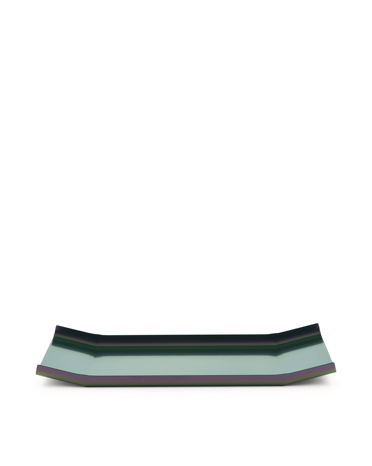 Iridescent metallic tray by Alessi, with a teal surface and purple-bronze edges, presented horizontally.