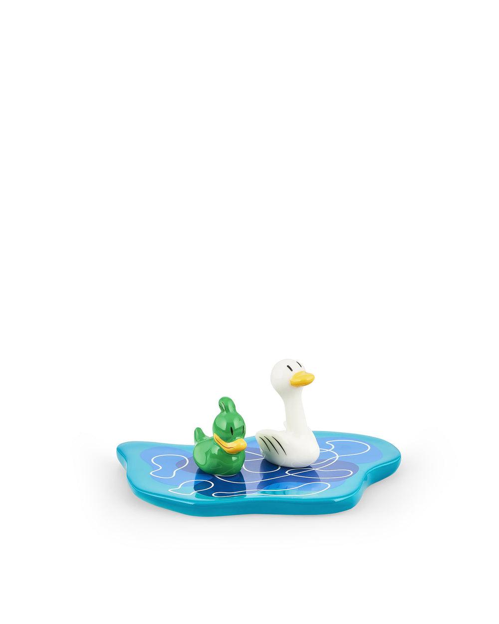 Ornamental figurines by Alessi, featuring a green duck and a white swan on a blue base with wave patterns.