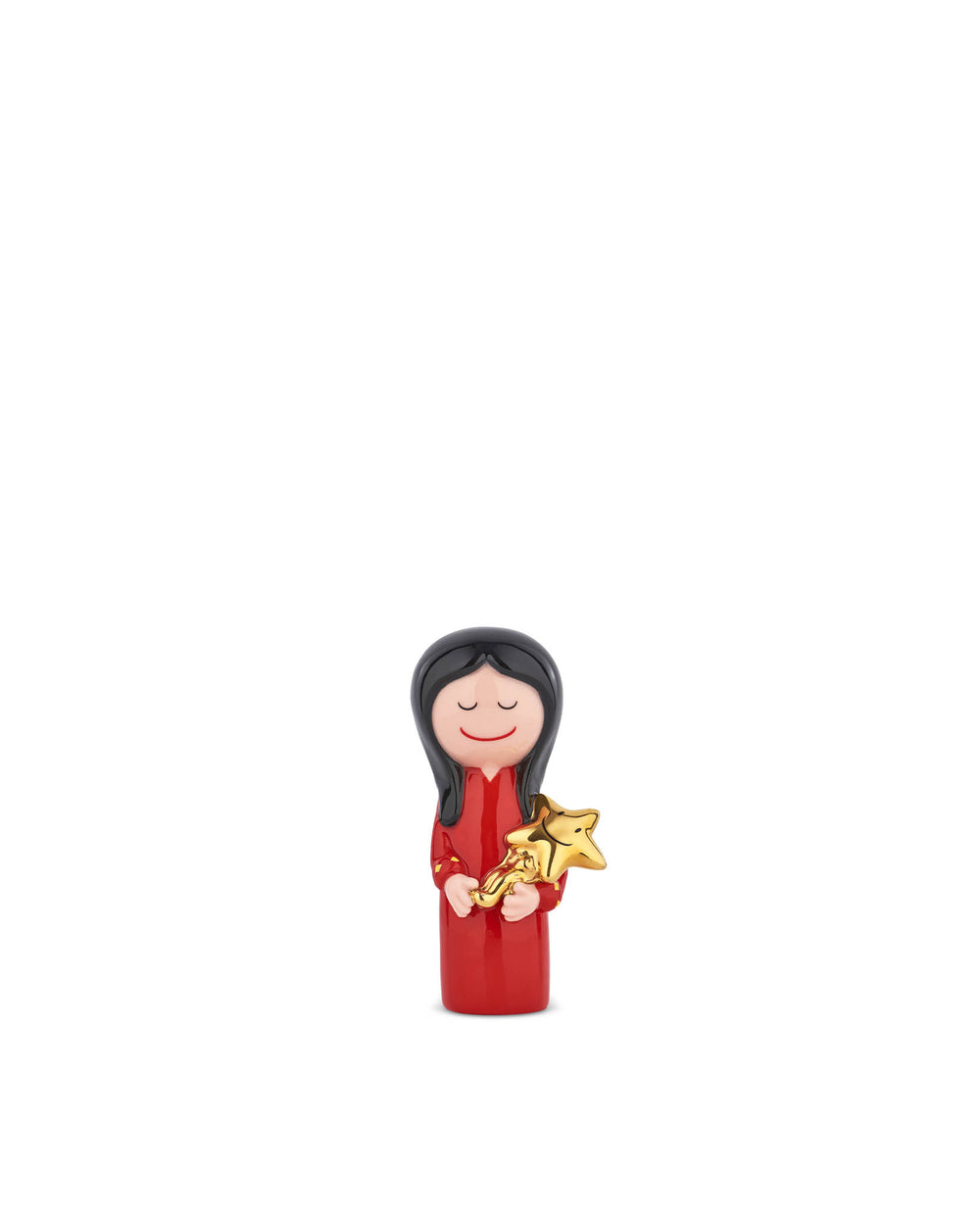 Red ornamental figurine by Alessi, depicting a smiling figure with black hair holding a golden star.