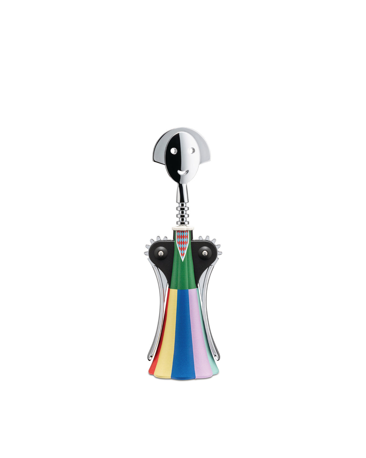 Chrome-plated Anna G. corkscrew by Alessi featuring a stylized face handle and a multicolored striped base.