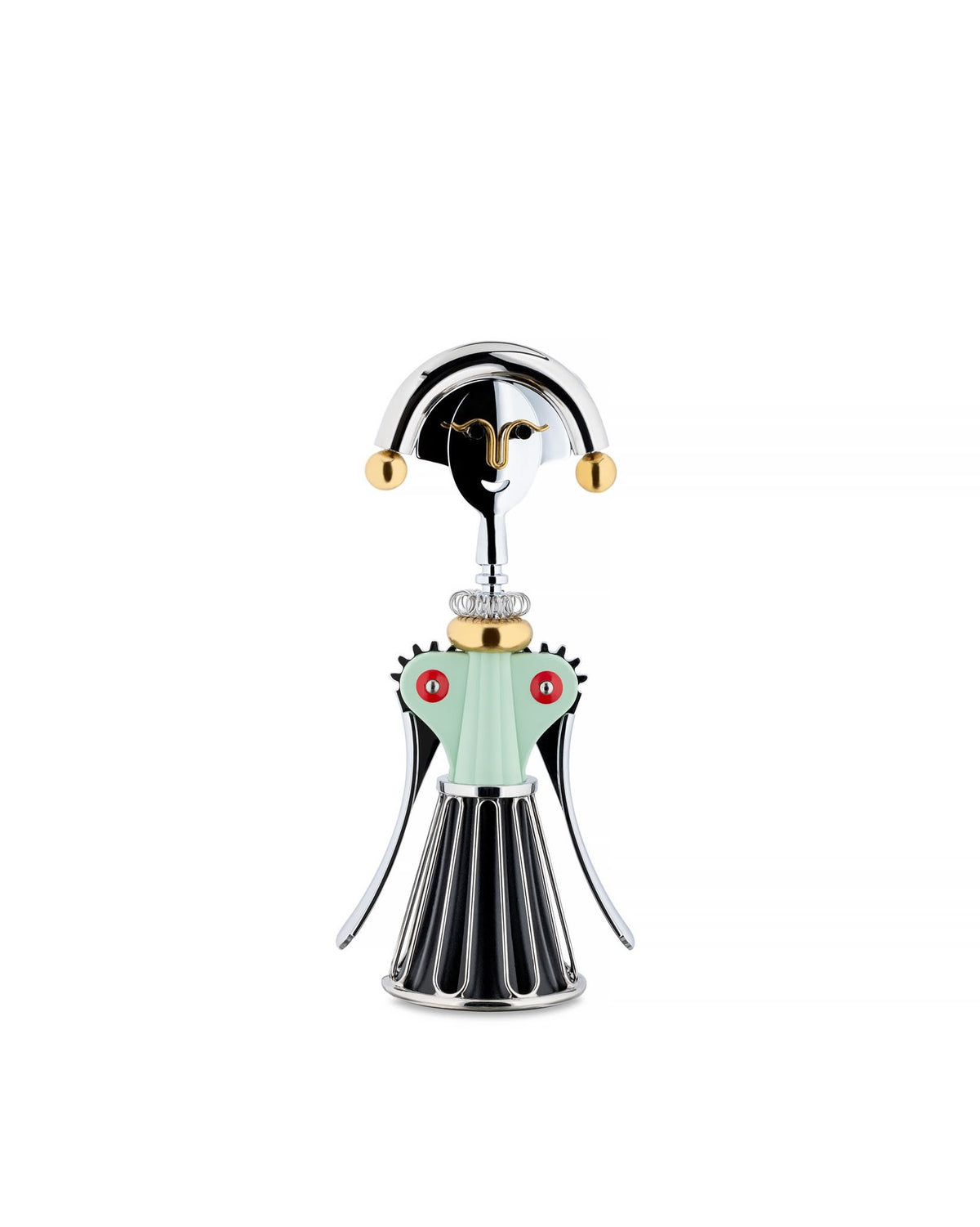 Anthropomorphic silver, gold, and light green corkscrew by Alessi, featuring a smiling face, red accents, and a fluted black base.