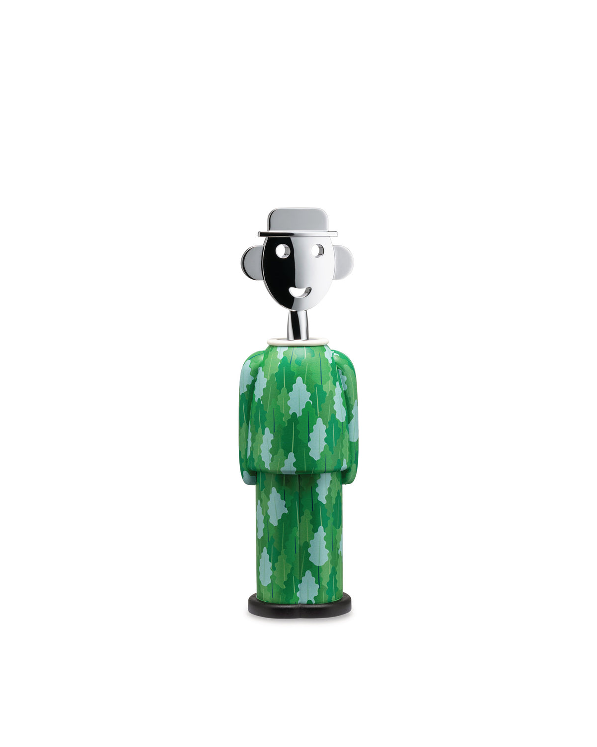 Anthropomorphic corkscrew by Alessi with a chrome face wearing a hat and a green body with a leaf pattern.