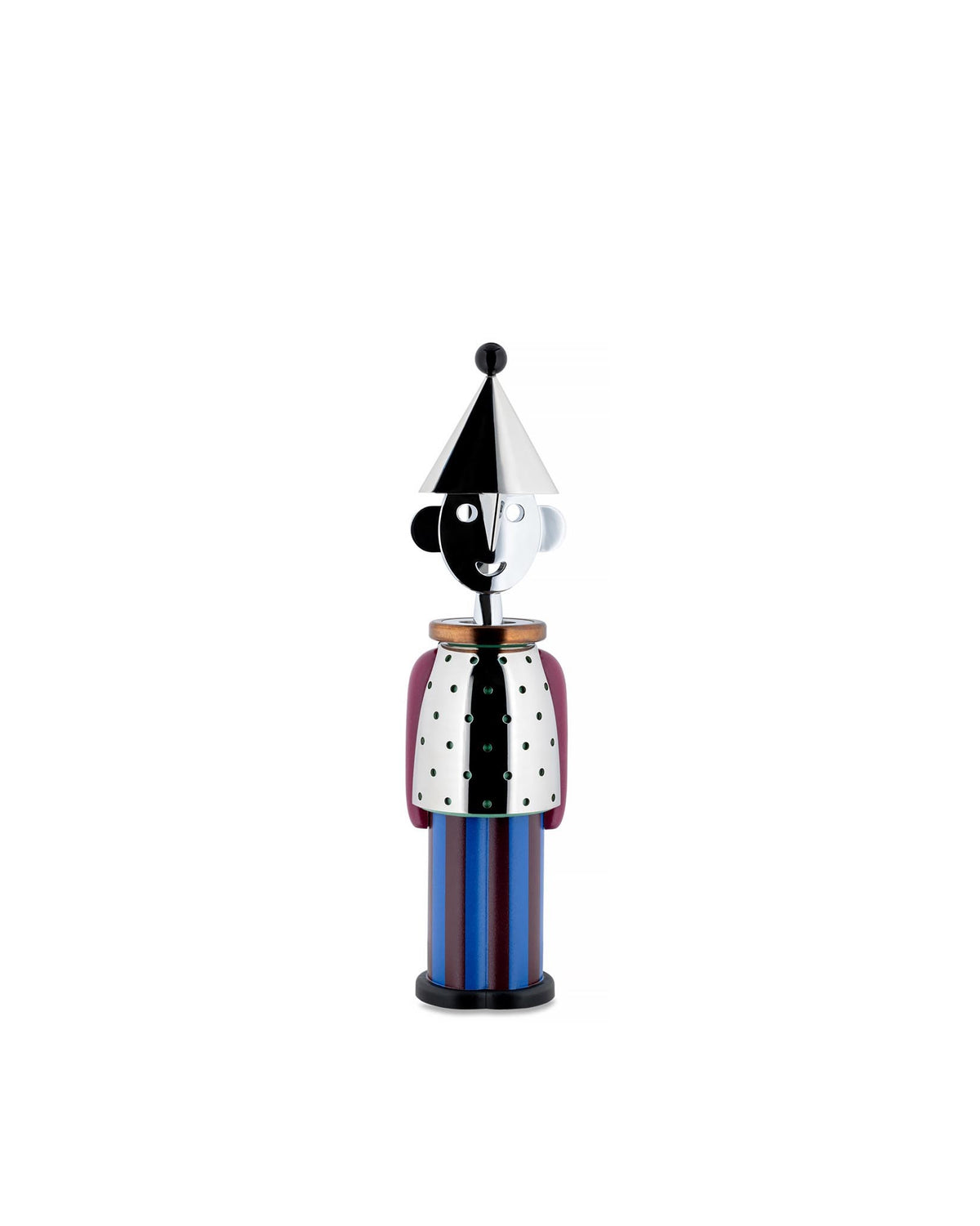 Alessandro M. corkscrew by Alessi, a whimsical figure with a black and white hat, split face, perforated silver jacket, and striped body.