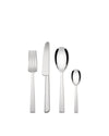 Silver stainless steel flatware set by Alessi, with a fork, knife, and two spoons on white.
