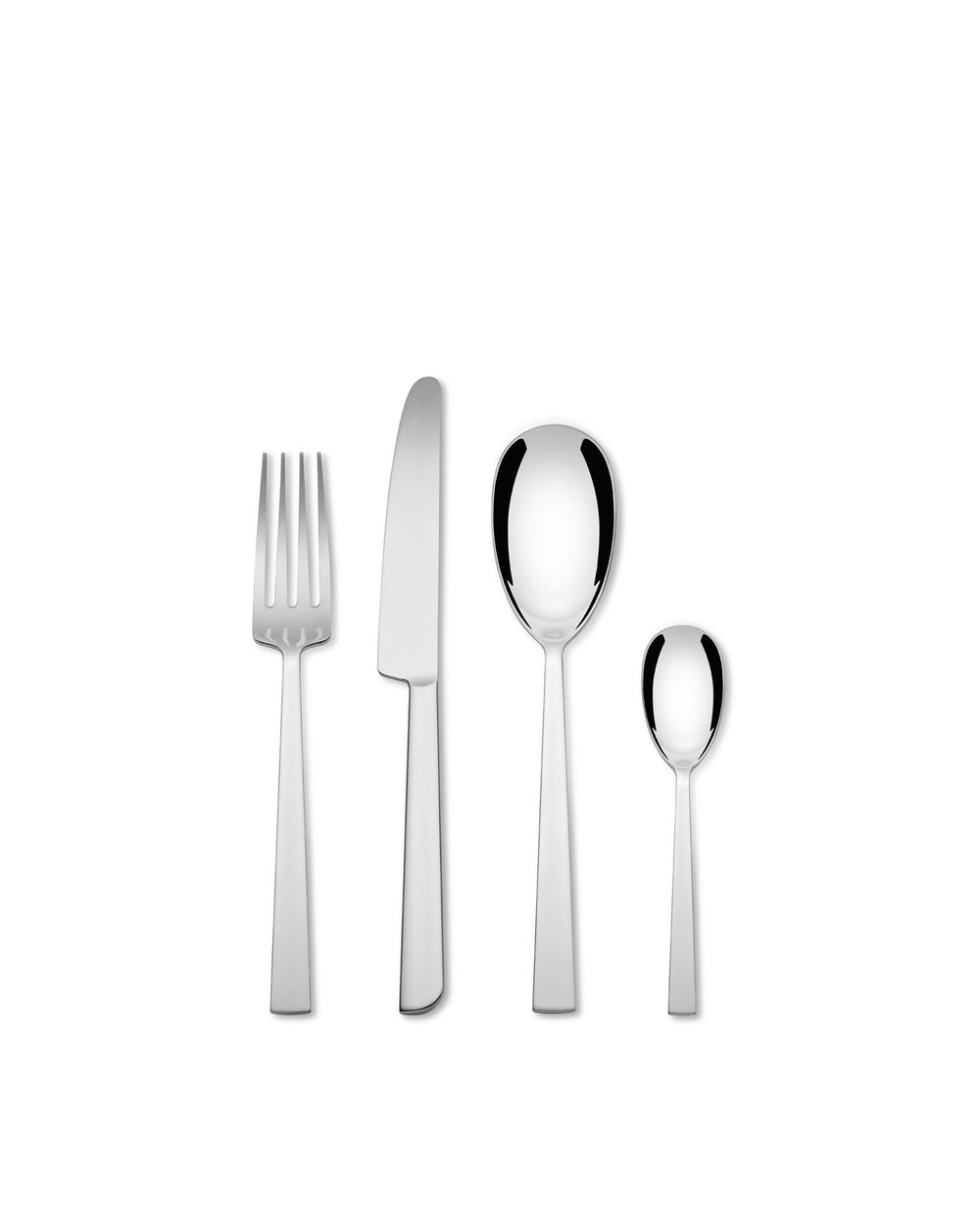 Silver stainless steel flatware set by Alessi, with a fork, knife, and two spoons on white.