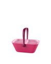 Fuchsia pink pet travel organizer by Alessi with ribbed sides, dual compartments, and a central handle.