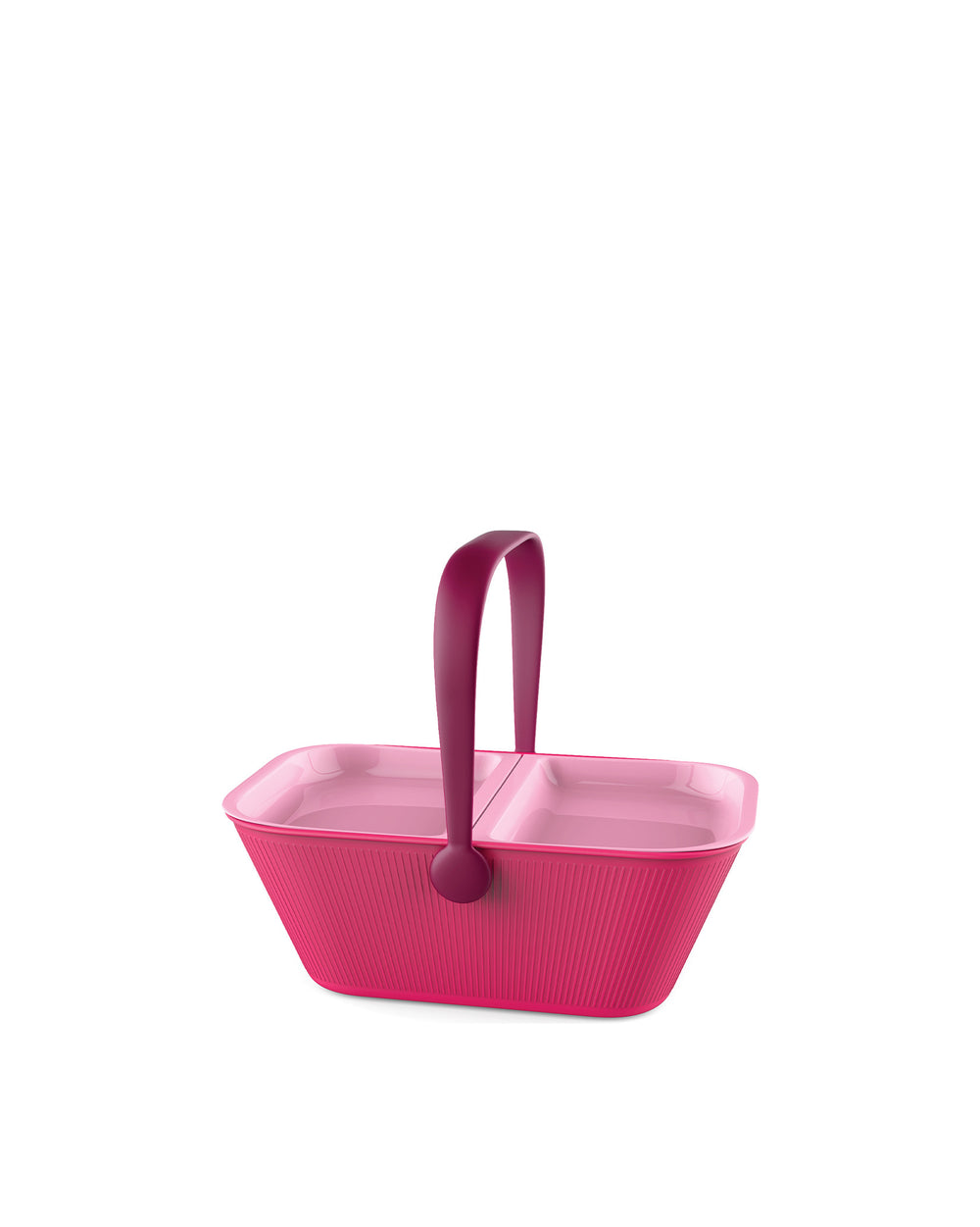 Fuchsia pink pet travel organizer by Alessi with ribbed sides, dual compartments, and a central handle.