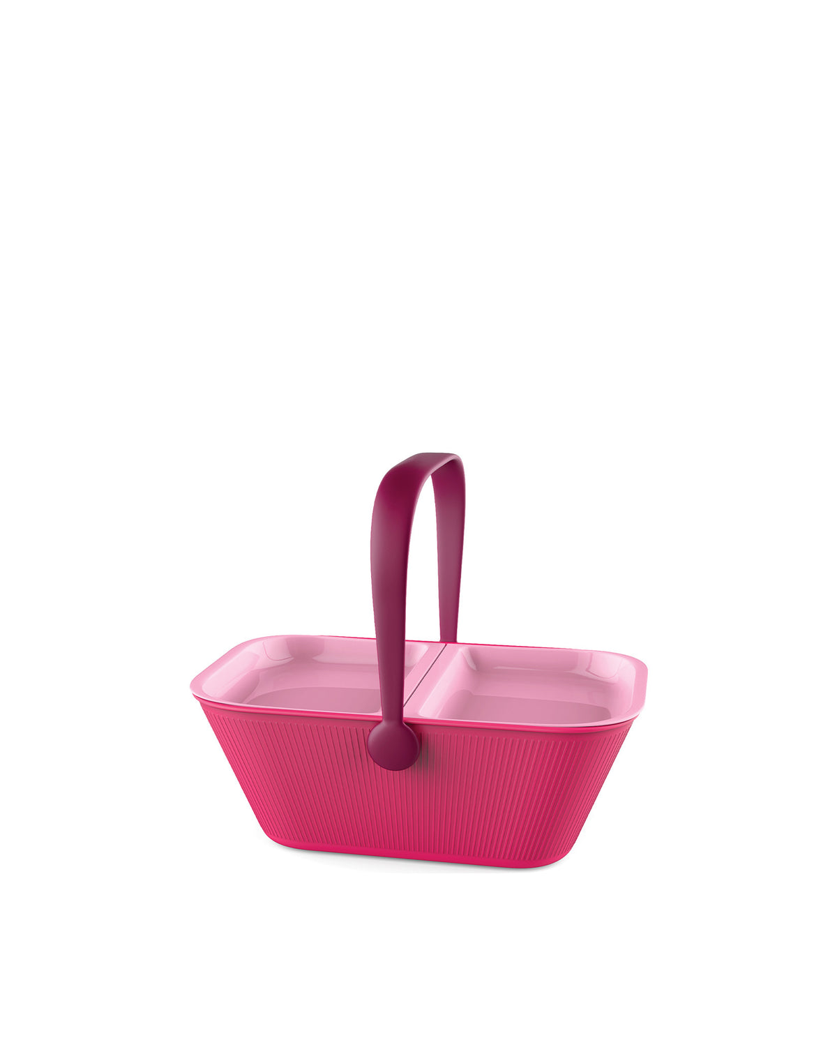 Fuchsia pink pet travel organizer by Alessi with ribbed sides, dual compartments, and a central handle.