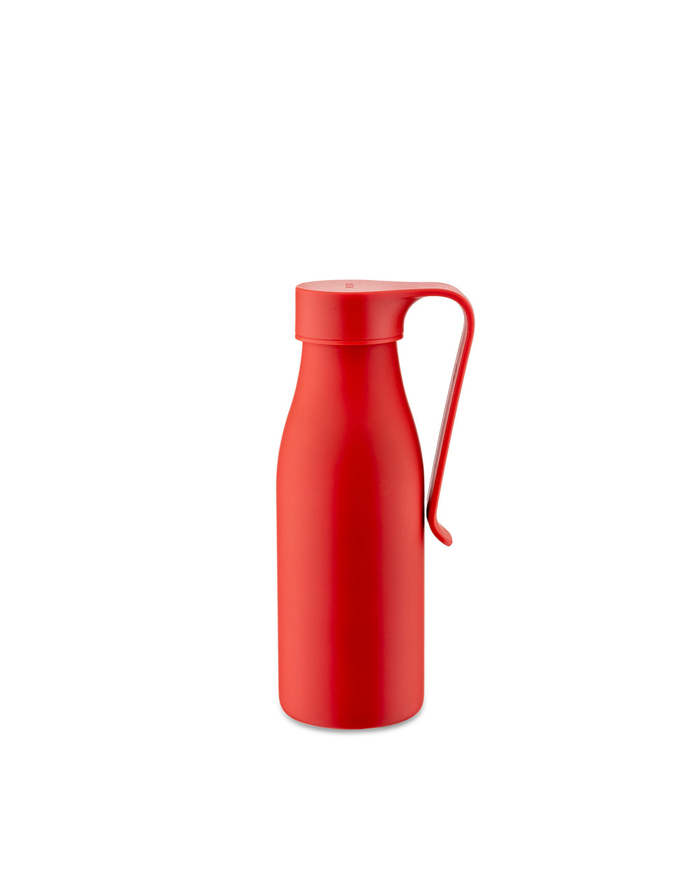 Red thermo insulated bottle by Alessi, featuring a curved handle and matte finish on white.