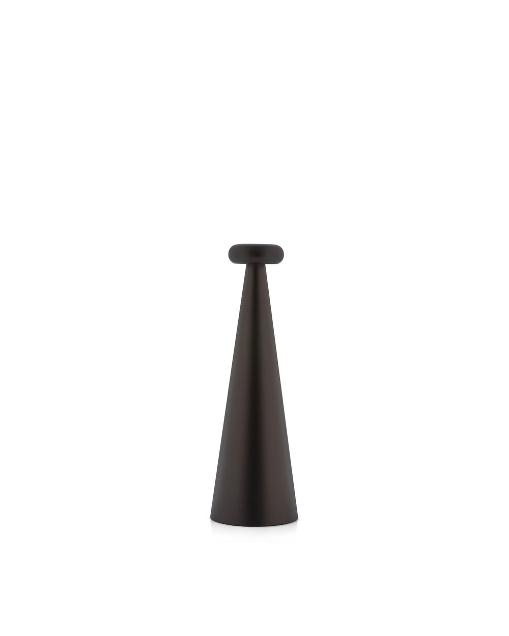 Dark brown conical lamp by Alessi with a smooth, rounded pill-shaped top.