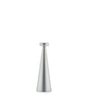 Silver conical Bedin lamp by Alessi with a flat, rounded top and brushed metallic finish.