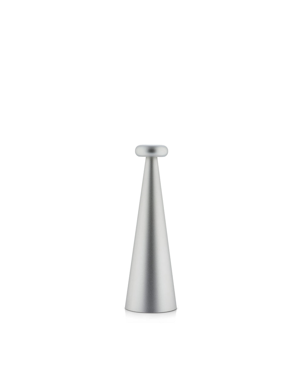 Silver conical Bedin lamp by Alessi with a flat, rounded top and brushed metallic finish.