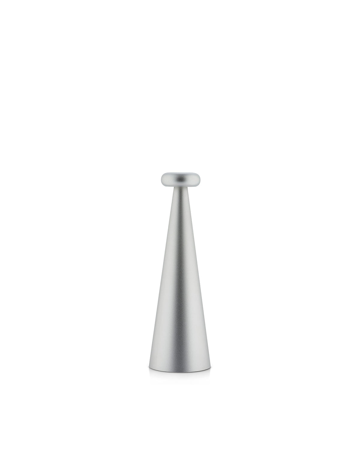 Silver conical Bedin lamp by Alessi with a flat, rounded top and brushed metallic finish.