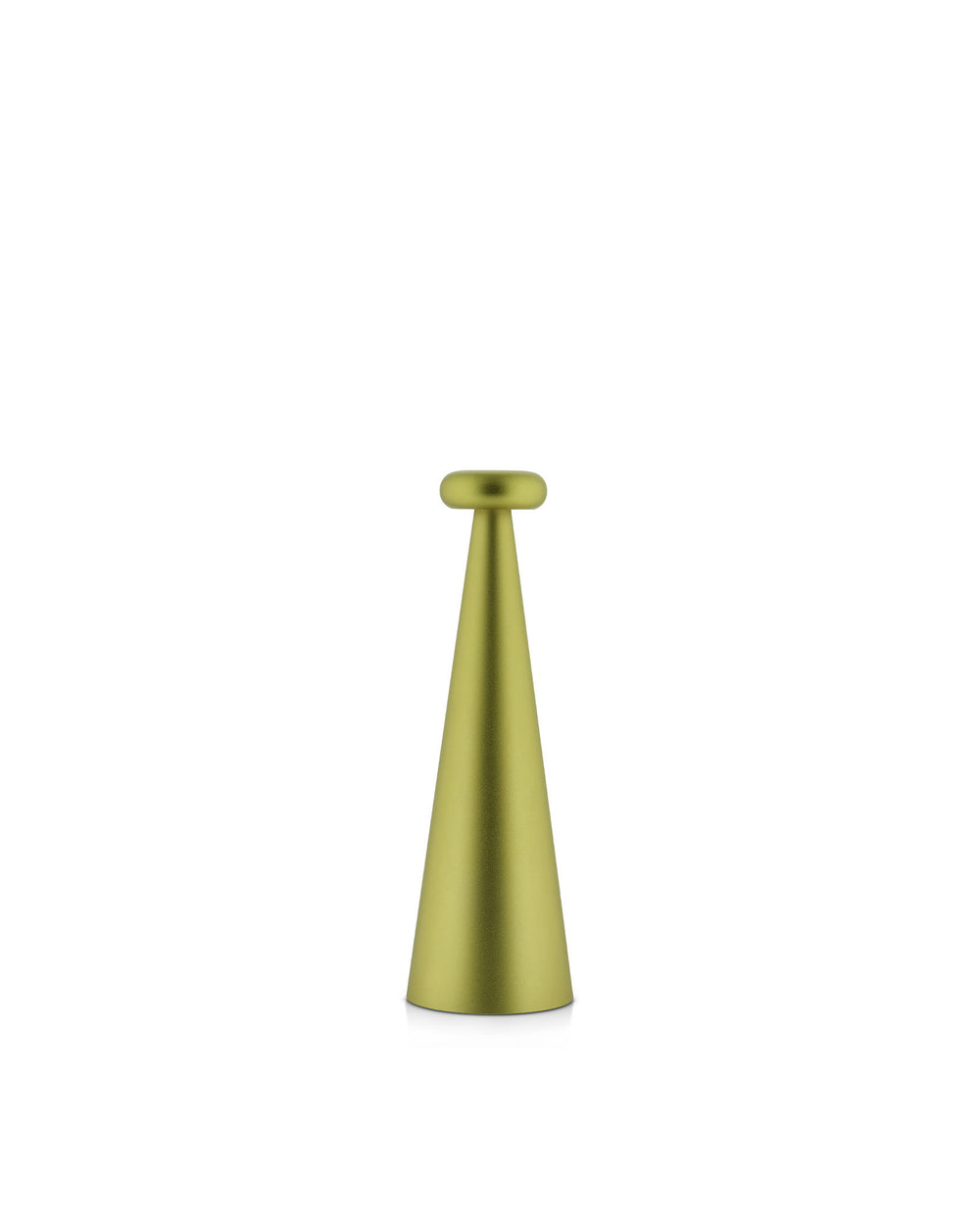 Lime green conical Bedin lamp by Alessi with a rounded top and matte finish.