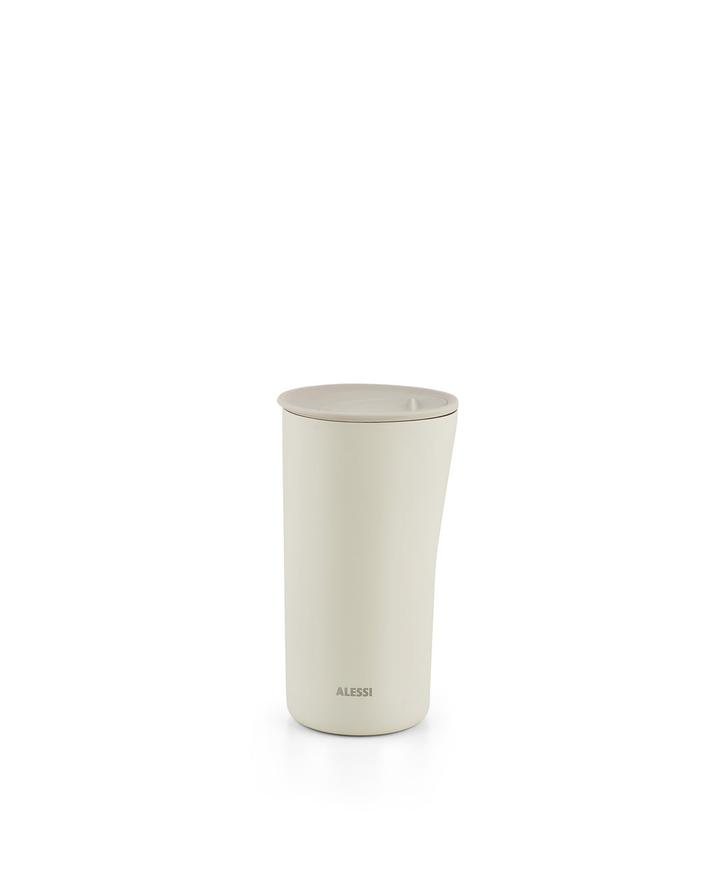 Cream thermo insulated tumbler by Alessi with a grayish-beige lid and Alessi logo, standing upright.