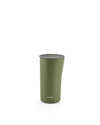 Olive green thermo insulated tumbler by Alessi, with a gray lid and printed logo.