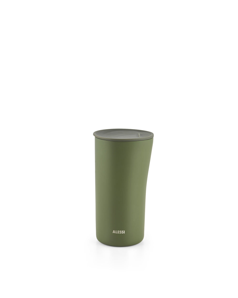 Olive green thermo insulated tumbler by Alessi, with a gray lid and printed logo.