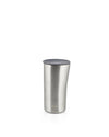 Silver brushed metal thermo insulated tumbler by Alessi with a dark gray lid and subtle logo at the base.