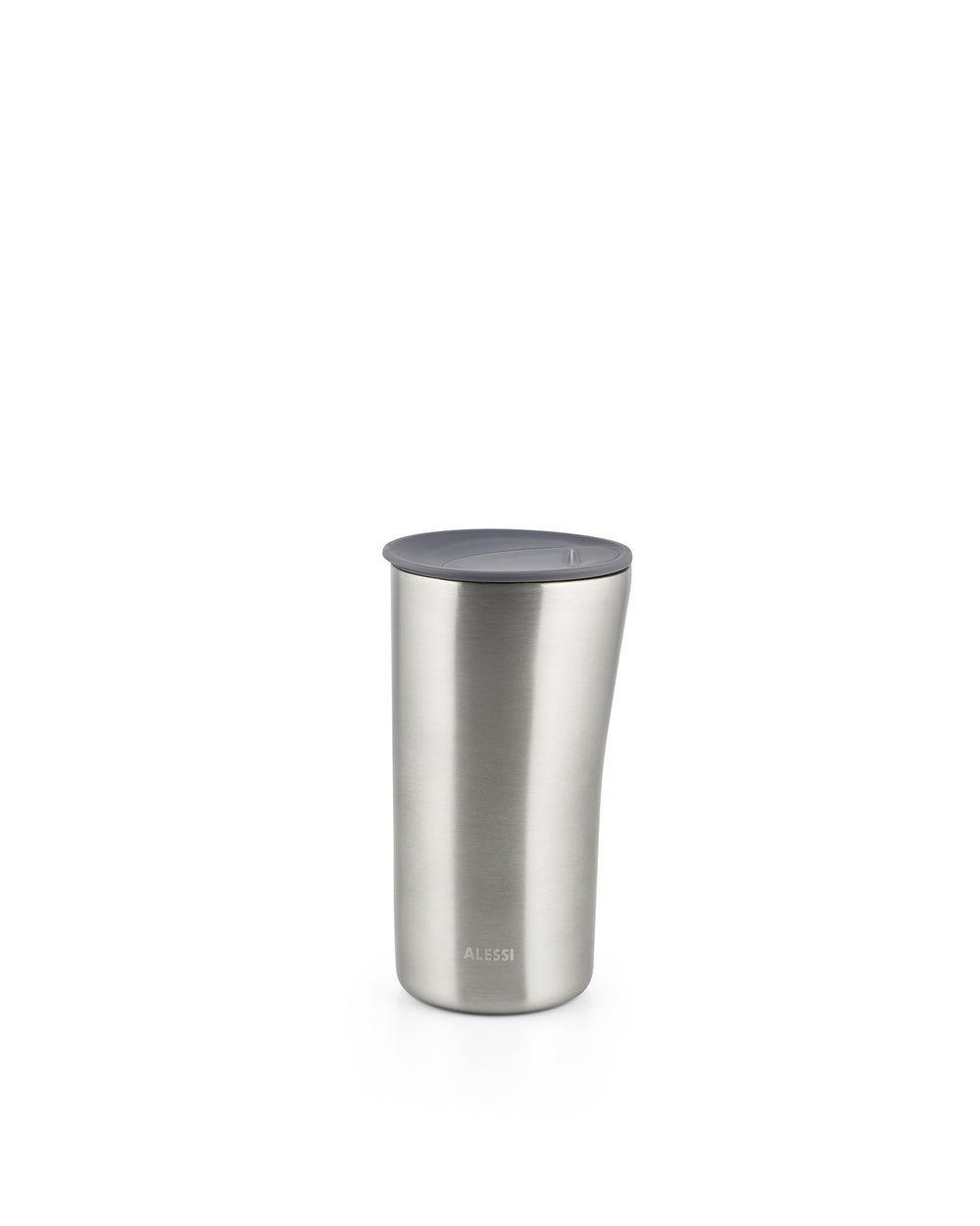 Silver brushed metal thermo insulated tumbler by Alessi with a dark gray lid and subtle logo at the base.