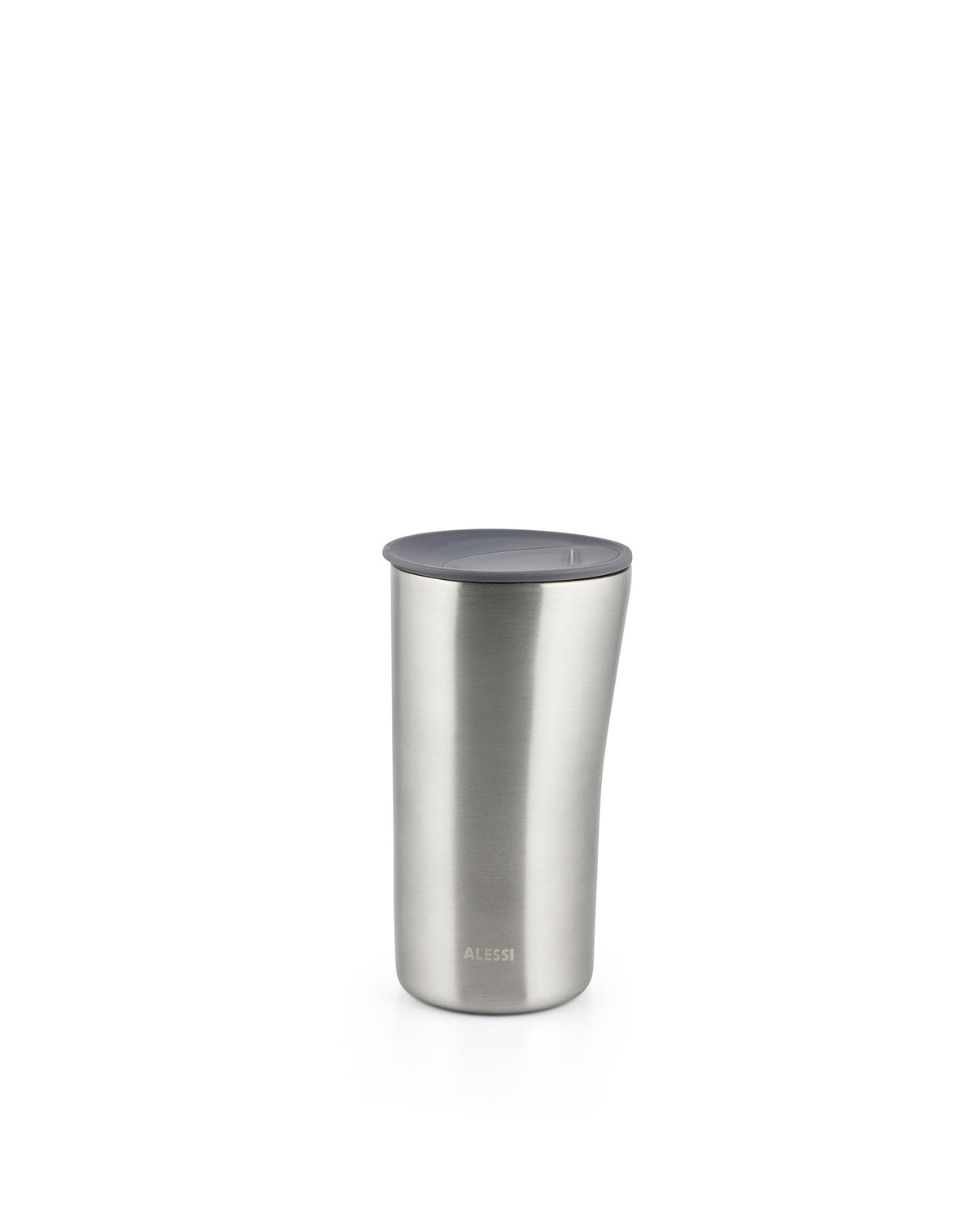 Silver brushed metal thermo insulated tumbler by Alessi with a dark gray lid and subtle logo at the base.
