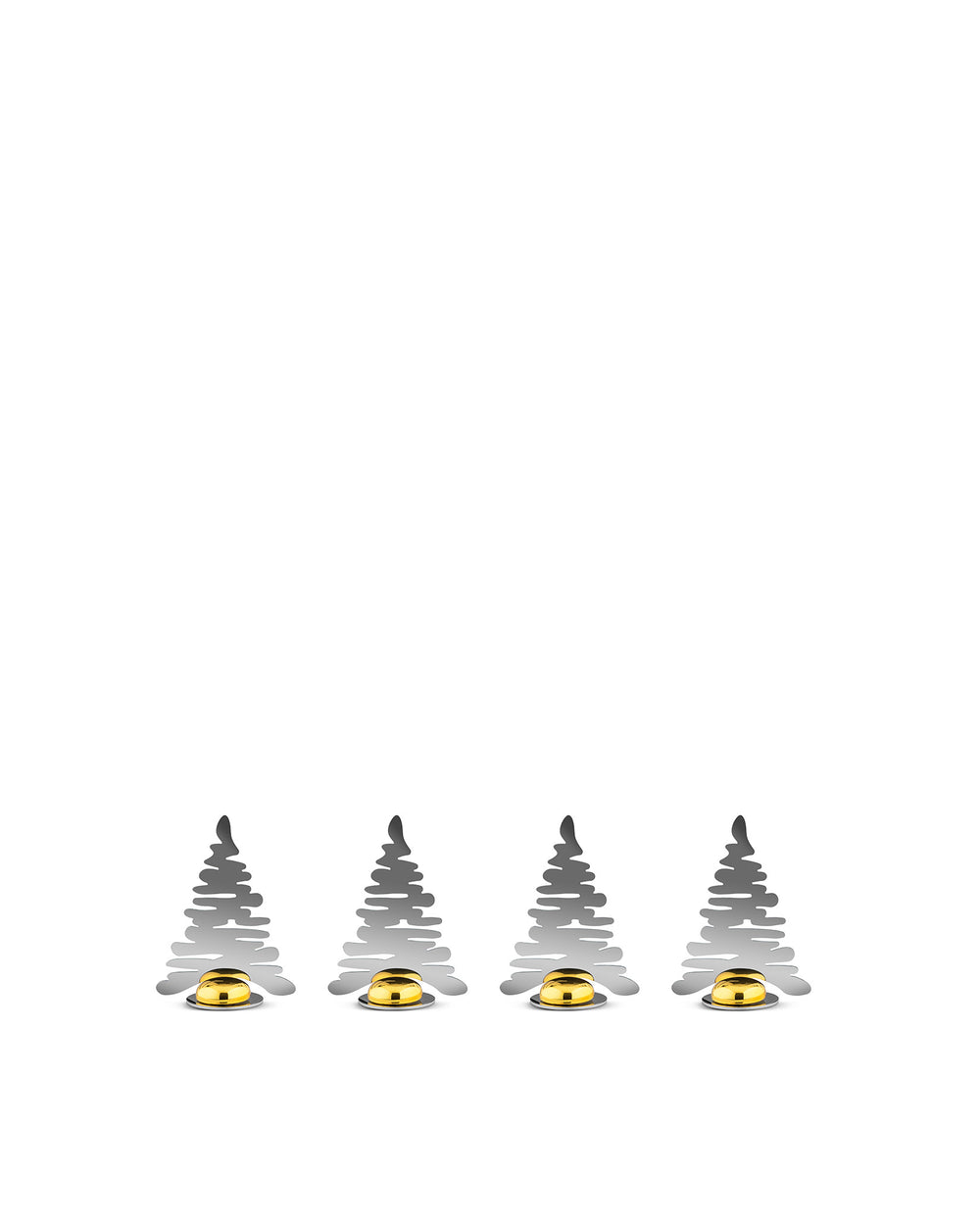 Four grey tree-shaped place markers by Alessi, each with a gold base, arranged in a row.