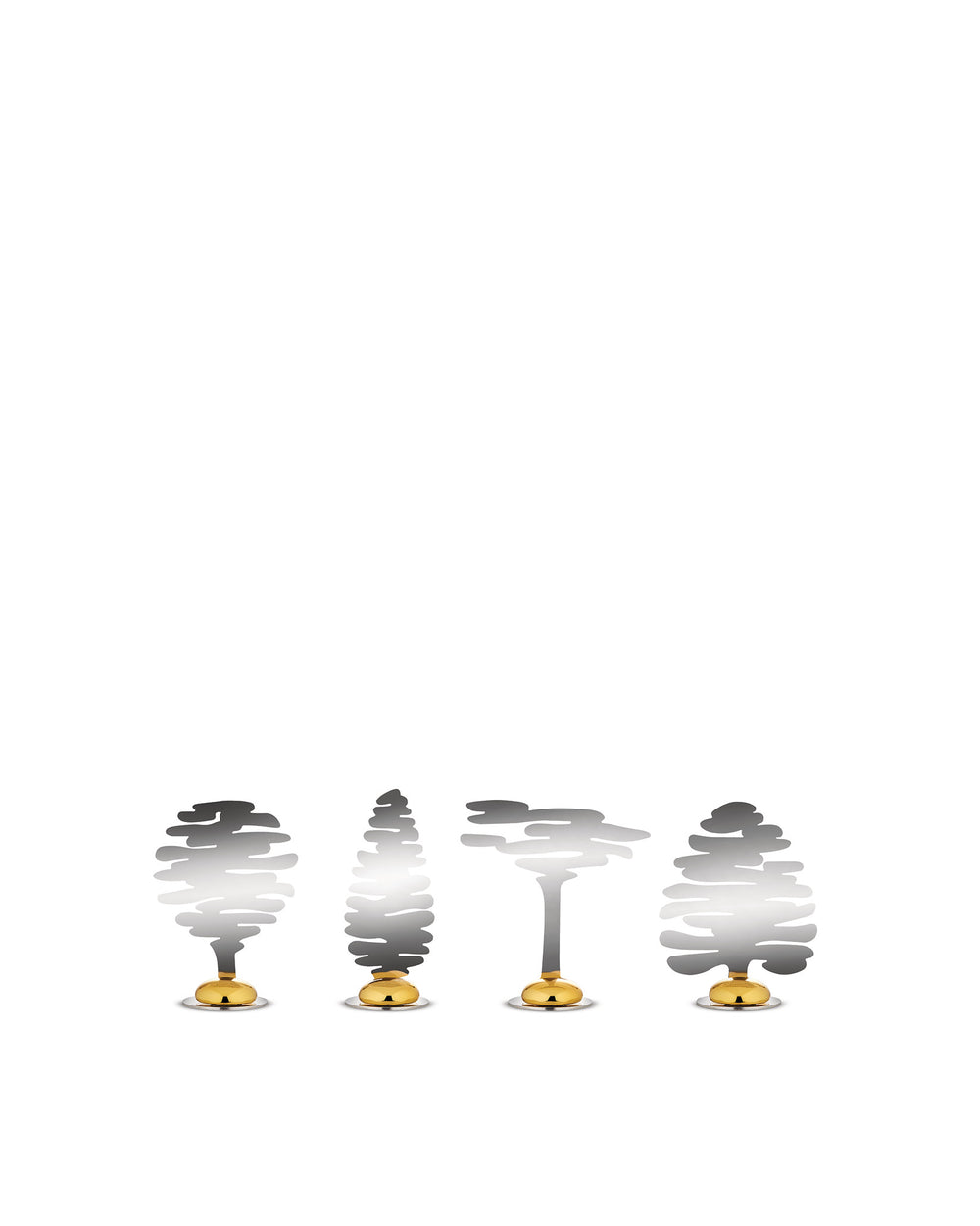 Four metallic Barkplace Tree place markers by Alessi, each with a wavy silver silhouette and gold bell base.