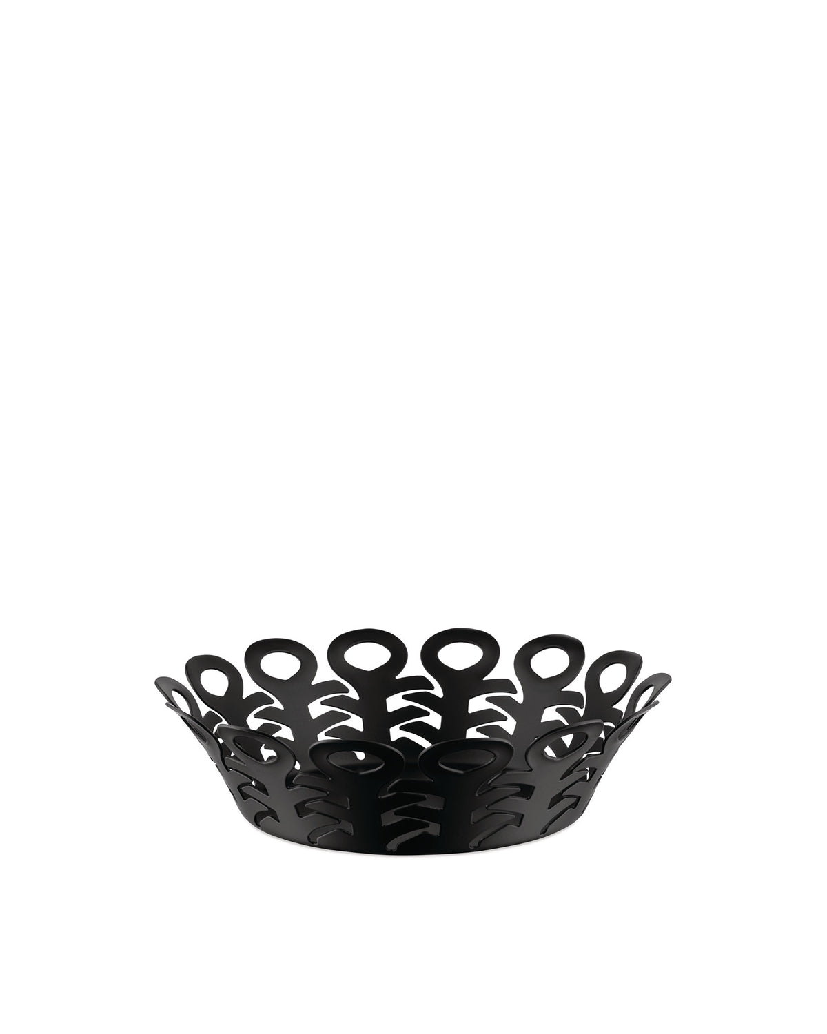 Black metal basket by Alessi with an open-work design of interconnected abstract shapes on a white background.
