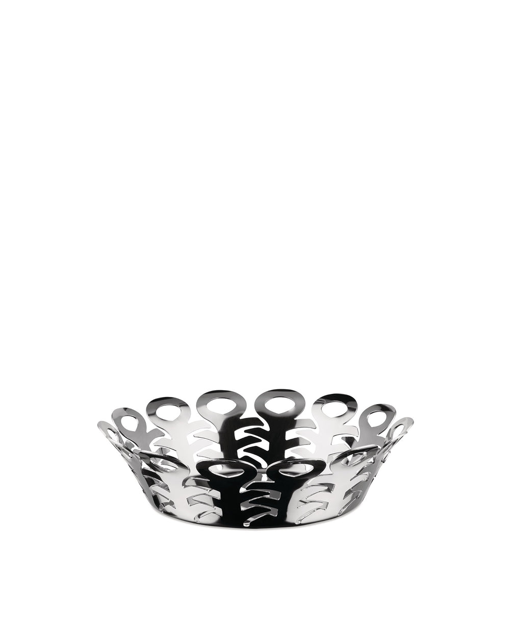 Polished stainless steel basket by Alessi with an openwork pattern of stylized keyhole shapes.