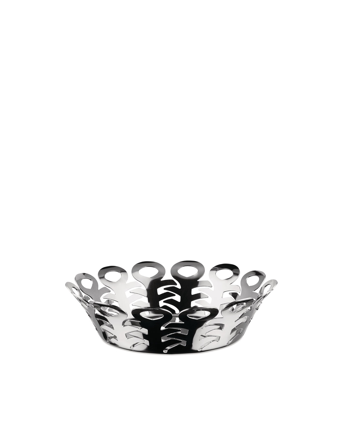 Polished stainless steel basket by Alessi with an openwork pattern of stylized keyhole shapes.