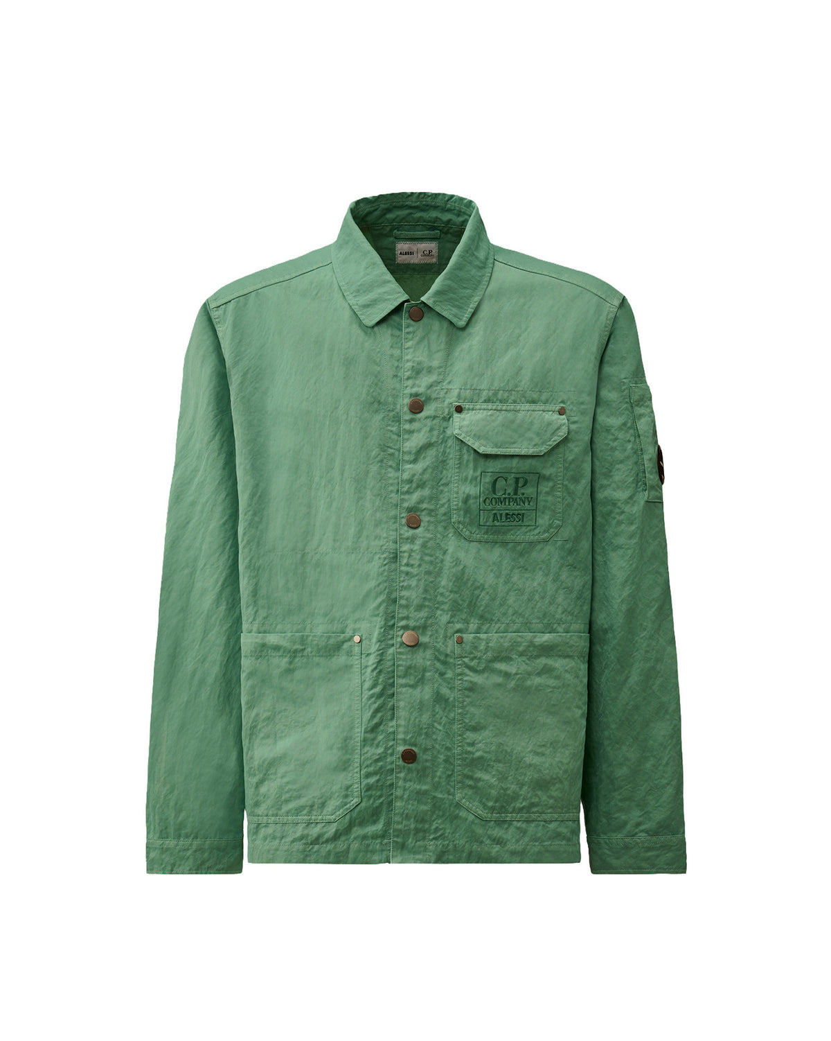 Green crinkled jacket by Alessi with a chest pocket featuring C.P. Company and Alessi embroidery, and a sleeve lens.