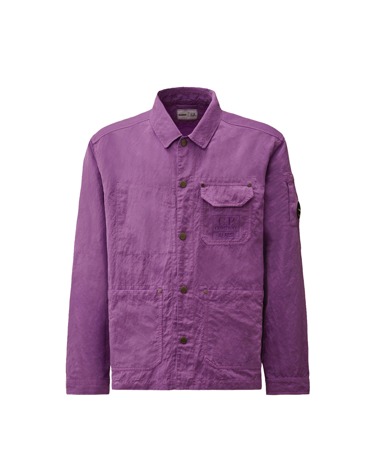Purple crinkled jacket by Alessi with button front, multiple pockets, embossed C.P. Company Alessi logo, and a sleeve patch.