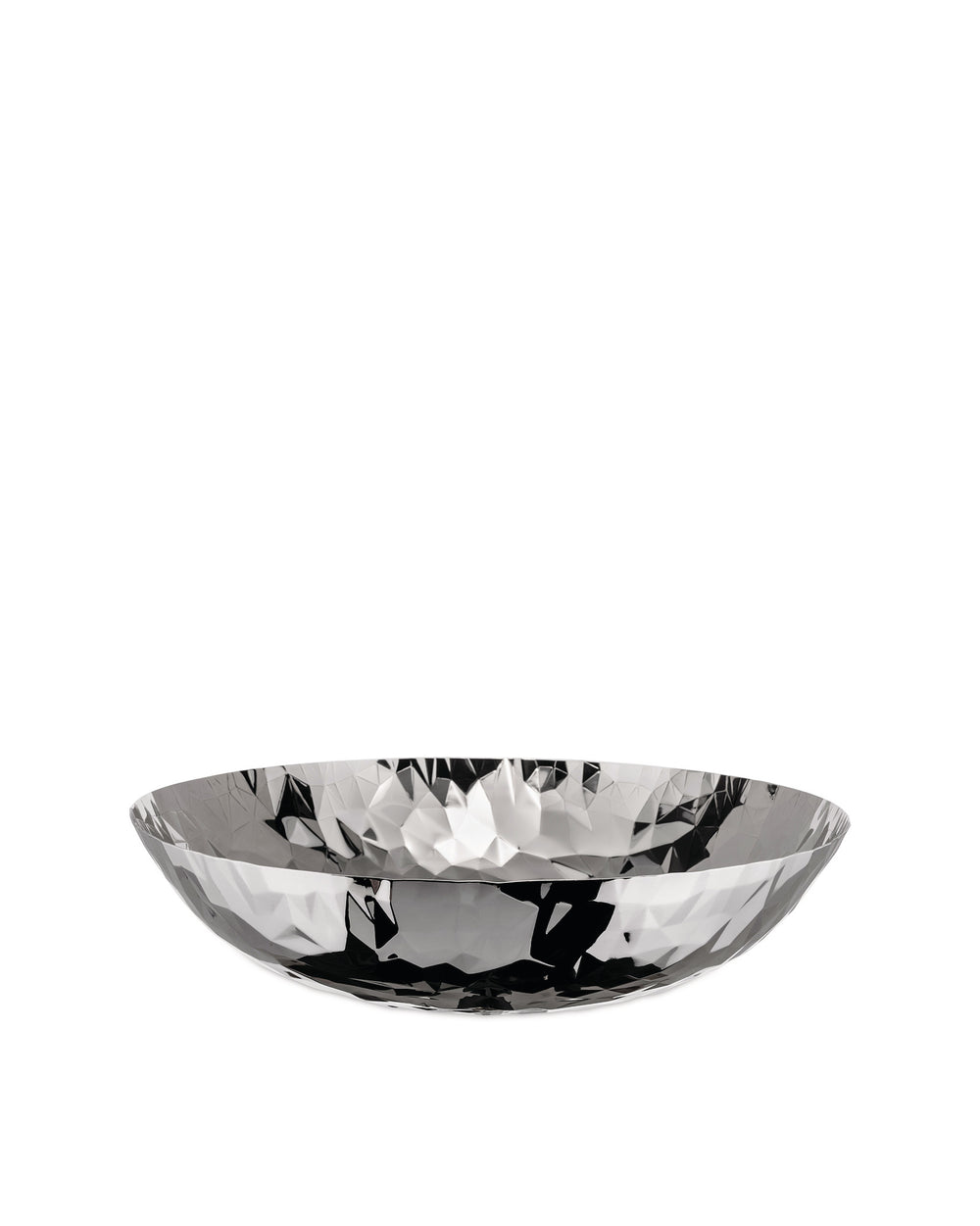 Faceted silver decorative bowl by Alessi with a polished, geometric, crumpled design.