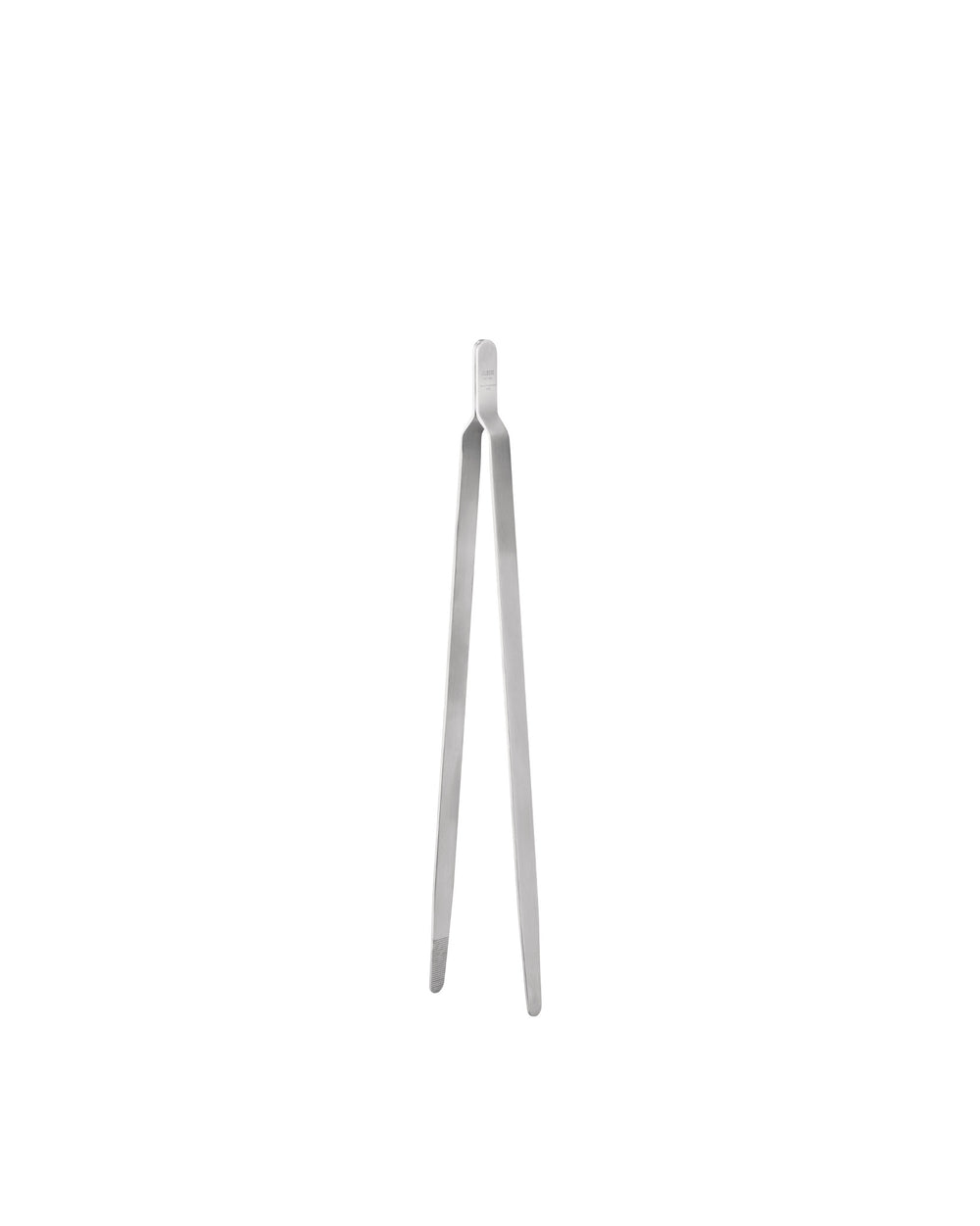 Silver metal kitchen tongs by Alessi with ribbed gripping ends and a brushed finish.
