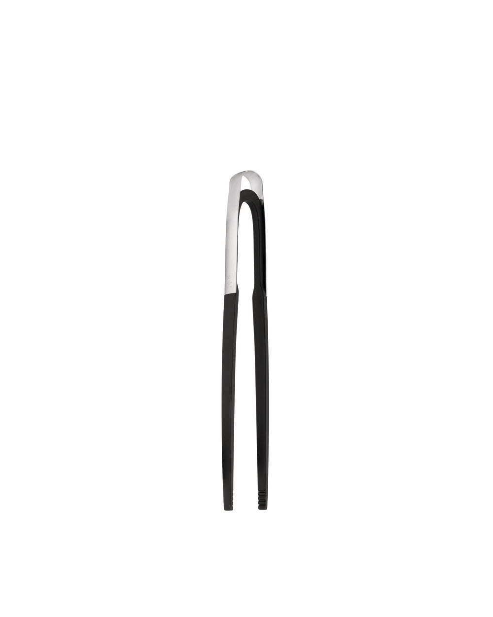 Black and silver kitchen tongs by Alessi with a chrome top and black handles.