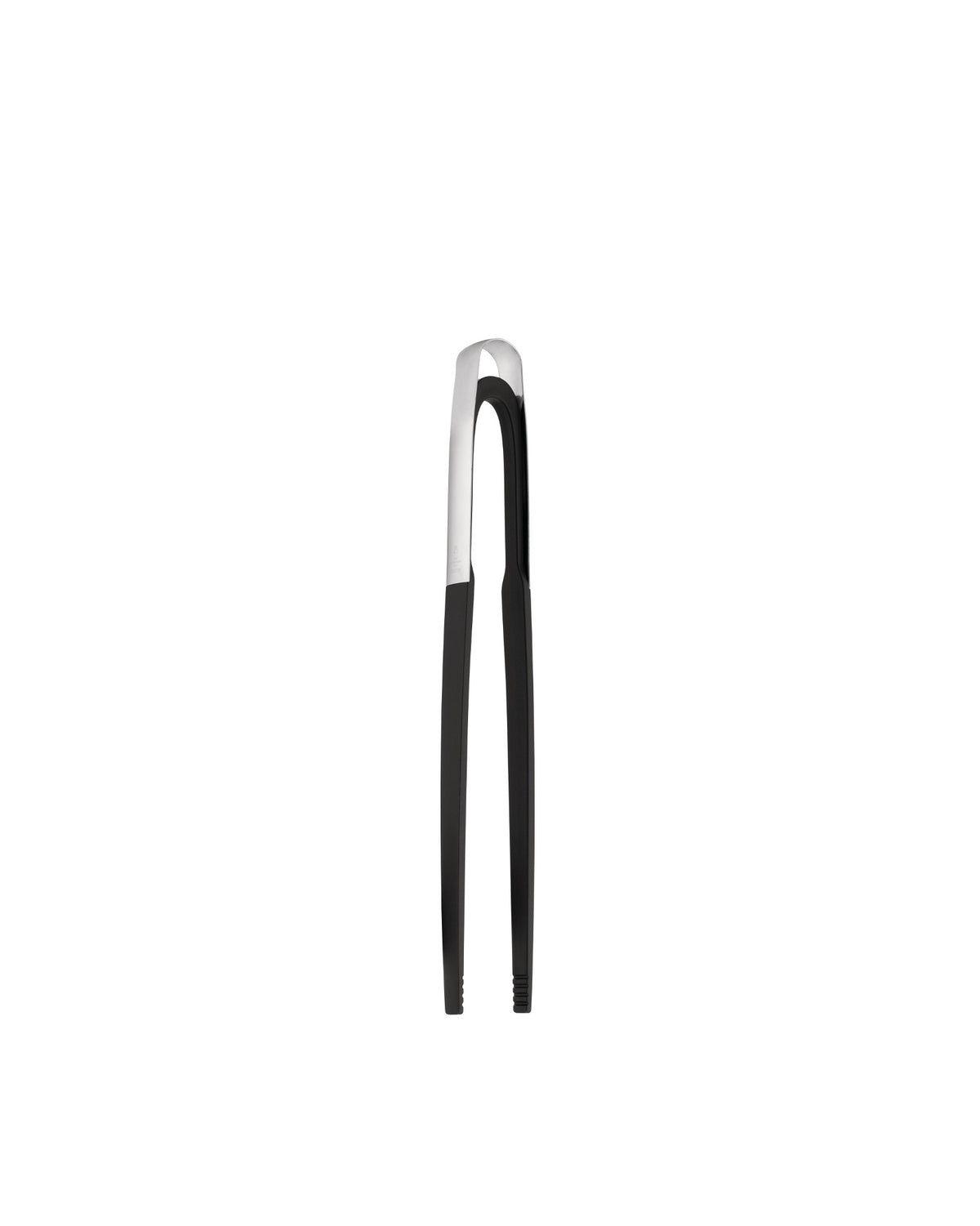 Black and silver kitchen tongs by Alessi with a chrome top and black handles.