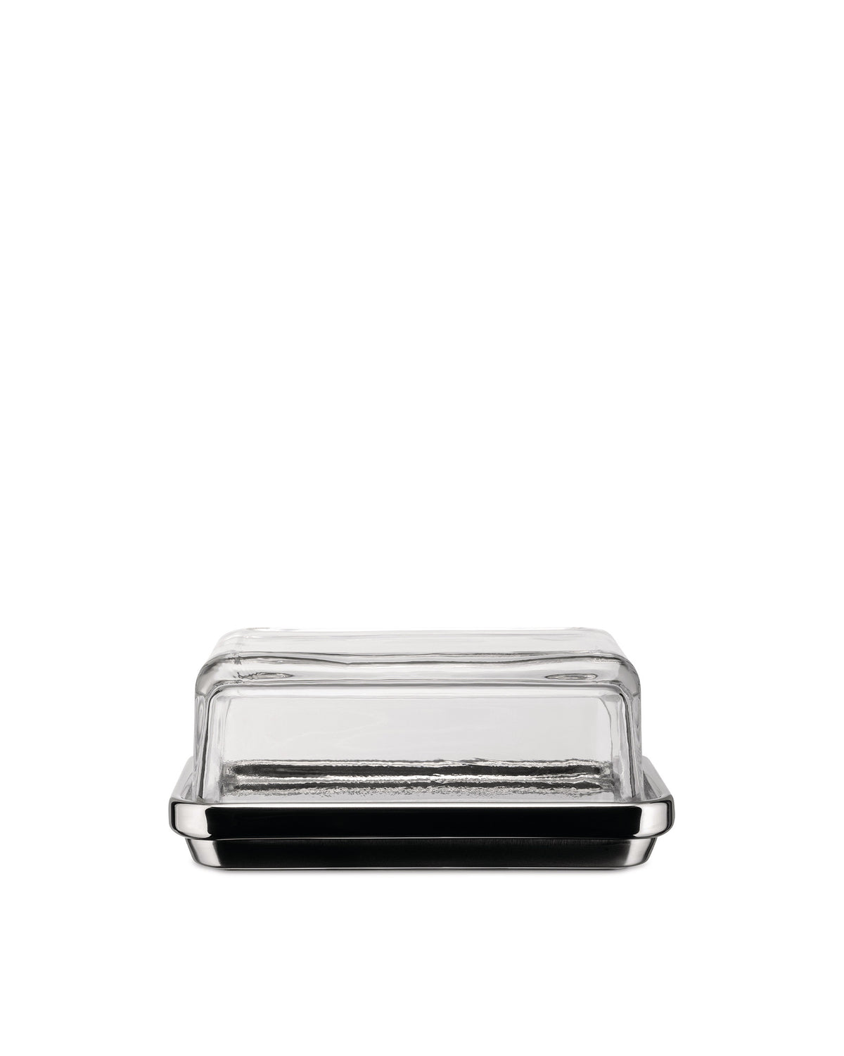 Clear glass butter dish by Alessi with a shiny silver-toned base, centered on a white background.