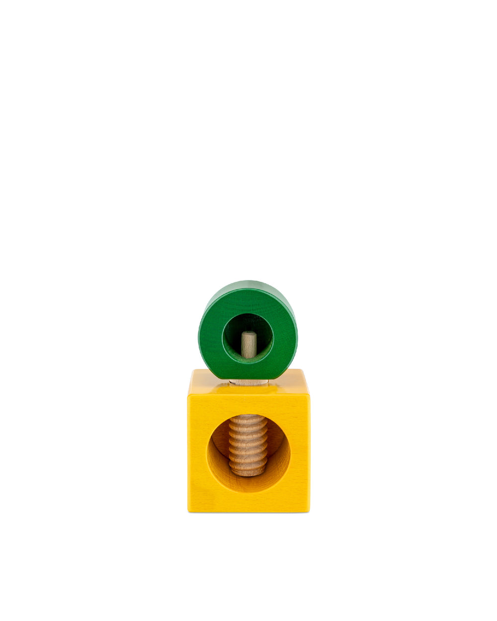 A wooden nutcracker by Alessi, with a green cylindrical top over a yellow cubic base featuring a screw.