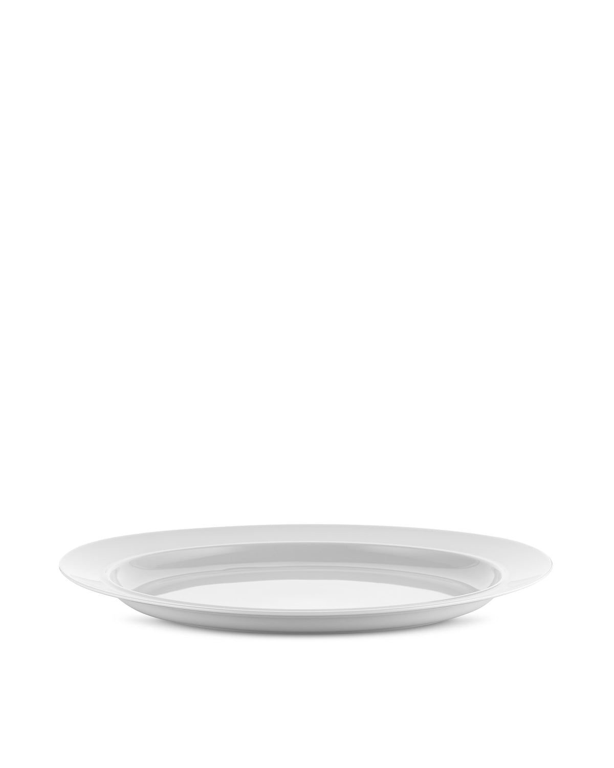 White serving plate by Alessi, a simple, elegant round plate with a wide, slightly raised rim.