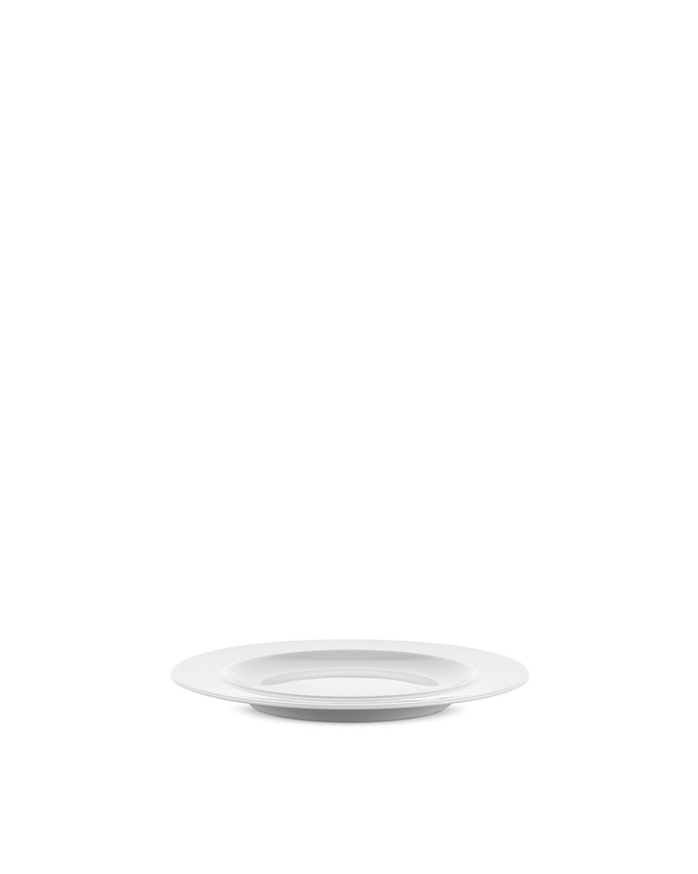 White round side plate by Alessi with a wide rim and recessed center, casting a subtle shadow on a white background.