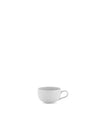 White cup by Alessi, with a handle, shown from a slightly elevated side view.